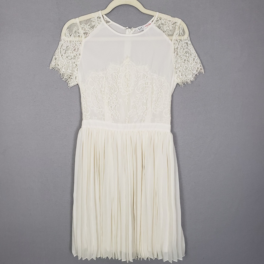Vintage Lace Accent Dress Cream Pleated Romantic Feminine Ethereal Bridal Size S